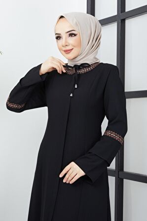 Büyük Beden Nakış İşleme Detaylı Siyah Ferace